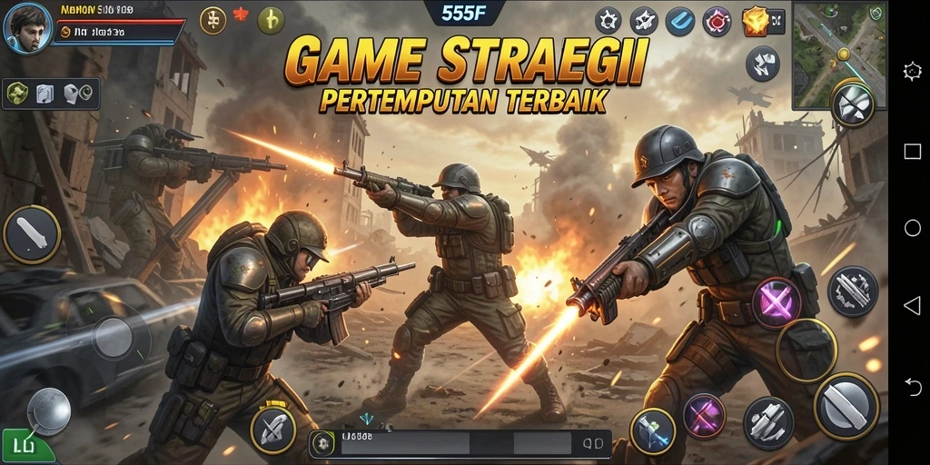 Screenshot utama menunjukkan pertempuran seru dalam game SLG.