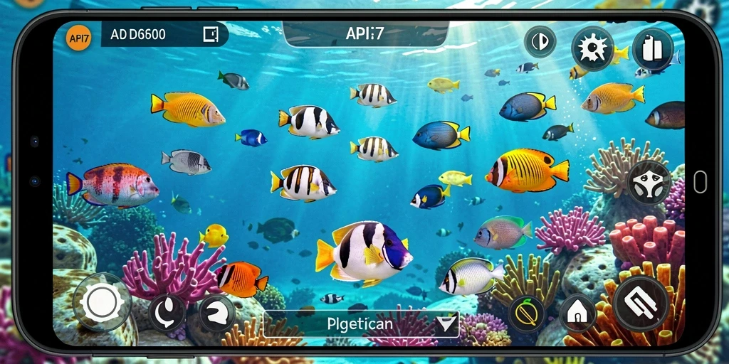 Tampilan gameplay seru dengan berbagai ikan dan senjata.