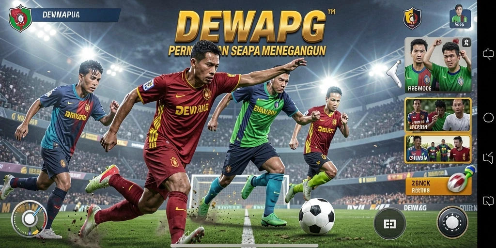 Screenshot utama menunjukkan aksi menegangkan dari pertandingan sepak bola.