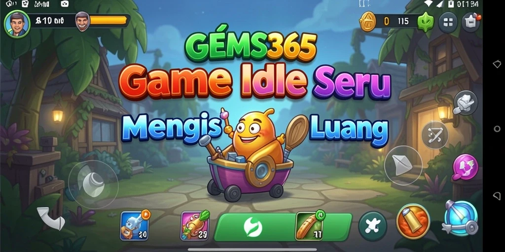 Screenshot gameplay GEMS365 menampilkan karakter yang mengumpulkan sumber daya.