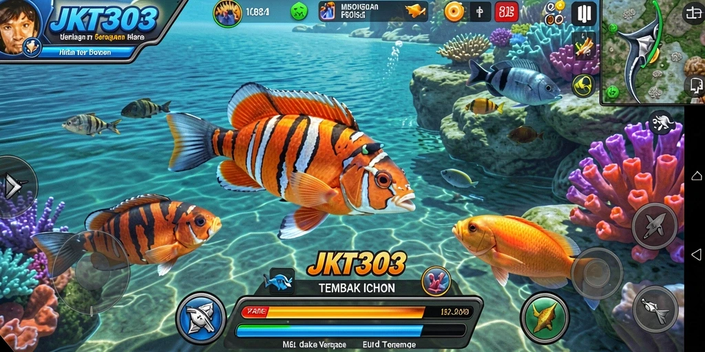 Tampilan gameplay seru dalam JKT303 saat menembak ikan.