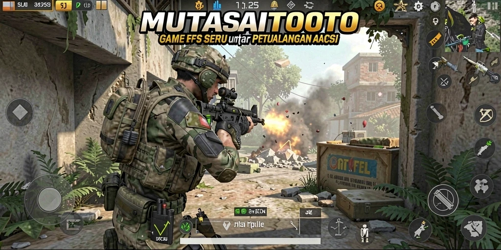Screenshot gameplay MUTASITOTO menampilkan aksi tembak-menembak yang mendebarkan.