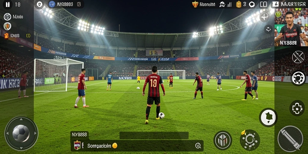 Tampilan gameplay NX888 dengan aksi sepak bola yang mendebarkan.