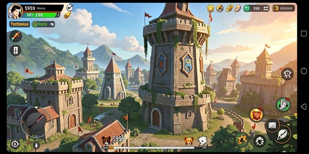 Tampilan gameplay S9S9 dengan menara yang bertempur melawan gelombang musuh.