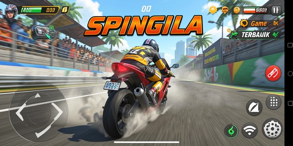 Tampilan gameplay SPINGILA yang menegangkan dan penuh aksi balap motor.