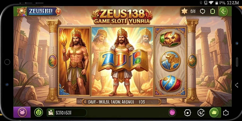 Tampilan gameplay ZEUS138 dengan gulungan slot yang penuh warna.